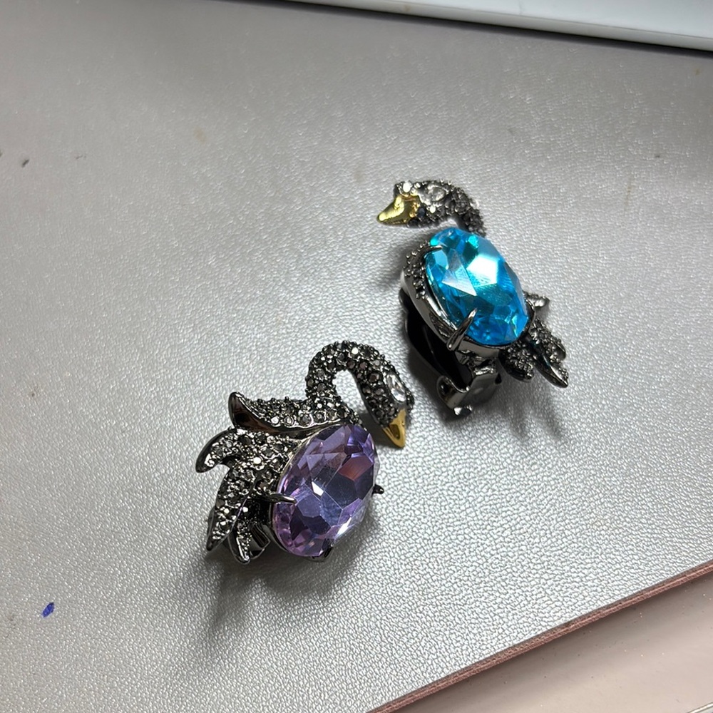 Alexis bittar Elegant Silver Swan Brooch Set with Blue and Purple Crystals